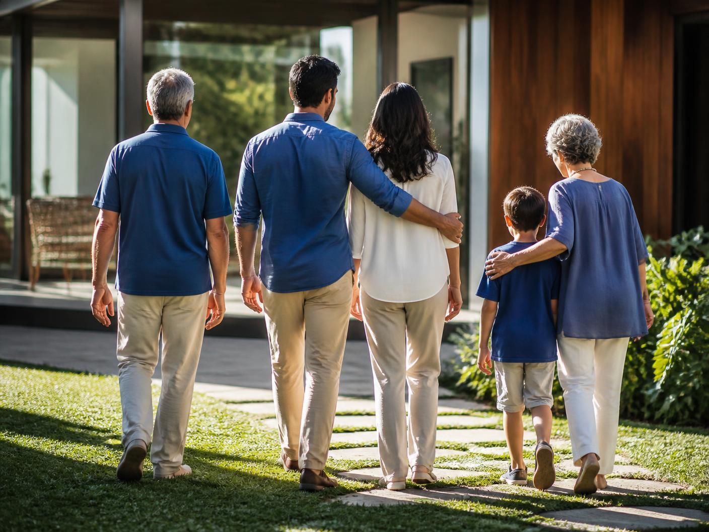 Família caminhando junta em direção à sua casa